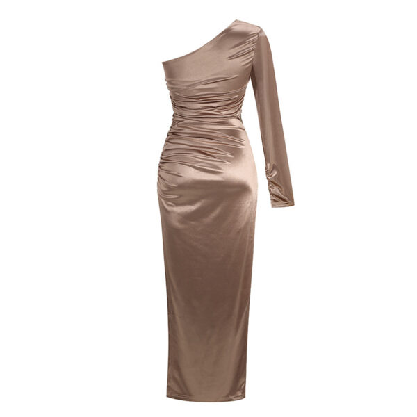 New Stretch Satin Split Slanted Shoulder Party Dress Women's Mid Length Dress