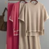 O-neck Short Sleeve Loose Sweater Casual Tops High Waist Pant 2 Piece Set