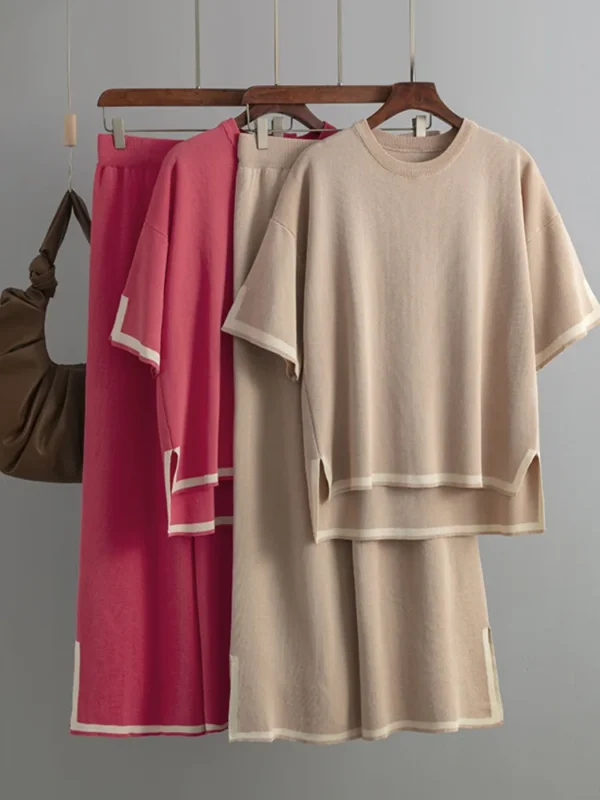 O-neck Short Sleeve Loose Sweater Casual Tops High Waist Pant 2 Piece Set