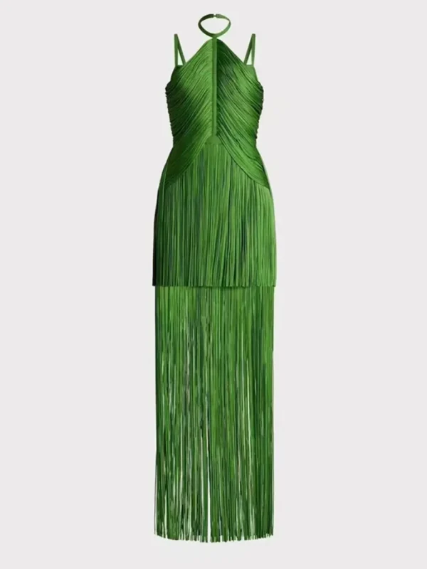 Green neckline suspender long skirt with tassel at the hem evening party dress