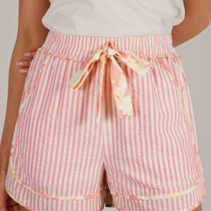 Light Pink Floral Trim Ribbon Knot Striped Casual Shorts