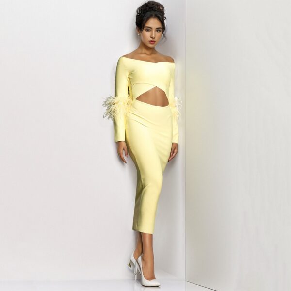 French yellow long sleeved elastic feather cuffs bandage dress