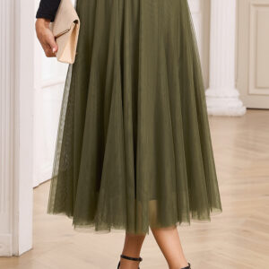 Jungle Green Tulle Mesh Overlay Flared Midi Skirt