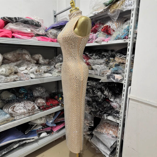 Shiny Diamond Micro-Sexy Halter Sleeveless Casual Beaded Fitted Long Bodycon Party Dress