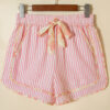 Light Pink Floral Trim Ribbon Knot Striped Casual Shorts