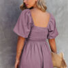 Sky Blue Brown Square Neck Ruched Puff Sleeve Romper