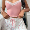 Pink Ribbed Knit Lace Straps Patchwork Lettuce Hem Cropped Top Floral Short Lounge Set