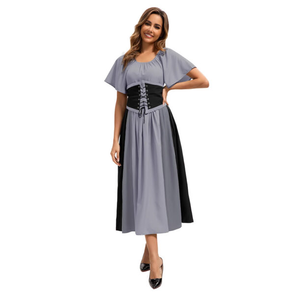 Style Medieval Retro Color-block Spliced Tie-waist Flared Dress