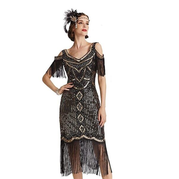571134956 Gatsby Vintage Evening Dress 1920s Theme Party Sequin Fringe Dress
