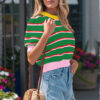 Sky Blue Stripe Colorblock Trim Half Sleeve Sweater Top