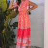 Red Floral Print Tasseled Tied Sleeve Empire Waist Maxi Dress
