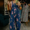 Blue Beau Floral Print Pleated High Waist Wide Leg Denim Jumpsuit