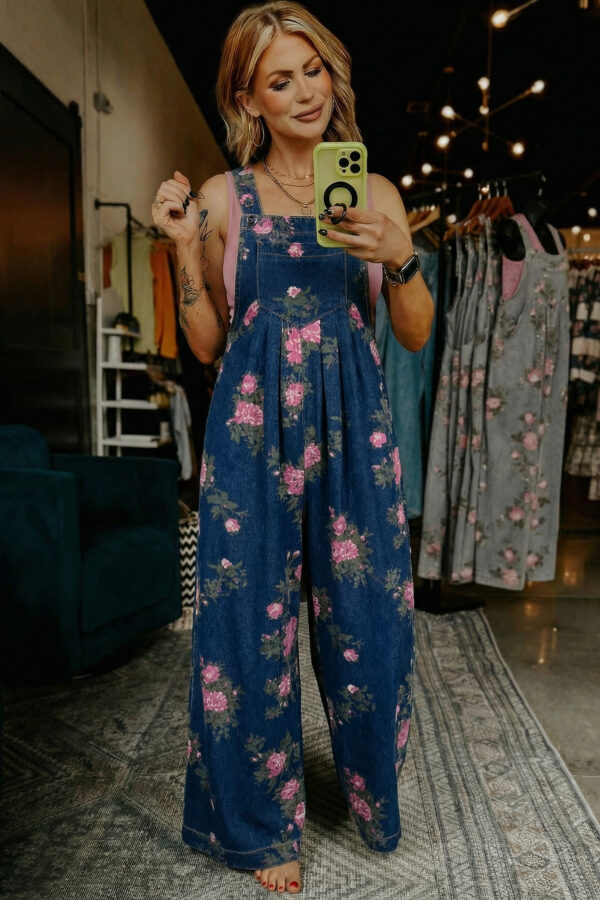 Blue Beau Floral Print Pleated High Waist Wide Leg Denim Jumpsuit