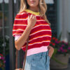Sky Blue Stripe Colorblock Trim Half Sleeve Sweater Top