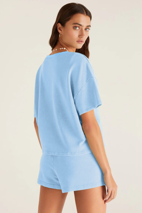 Mint Green V Neck Drop Shoulder Tee and Patchwork Drawstring Elastic Waistband Shorts Set