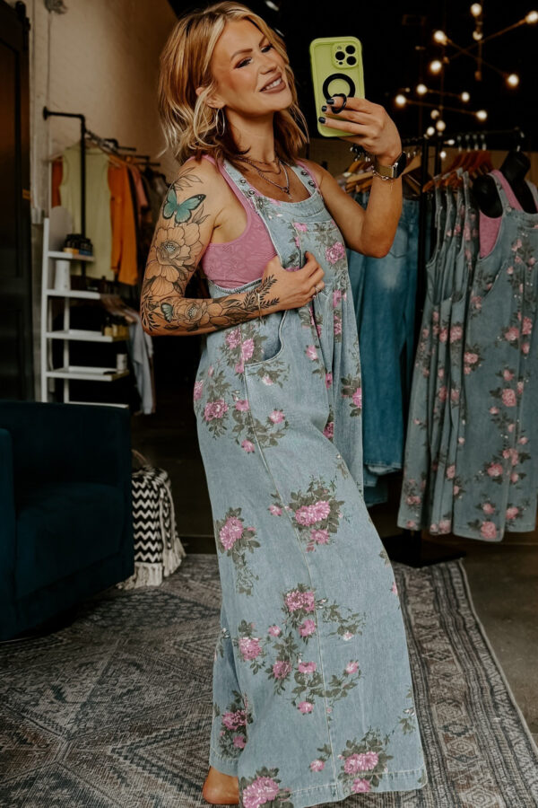 Blue Beau Floral Print Pleated High Waist Wide Leg Denim Jumpsuit