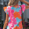Multicolour Vibrant Flower Printed Tie V Neck Ruffle Trim Sleeveless Blouse
