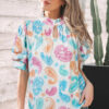 Multicolour Vibrant Paisley Printed Button Keyhole Puff Sleeve Blouse