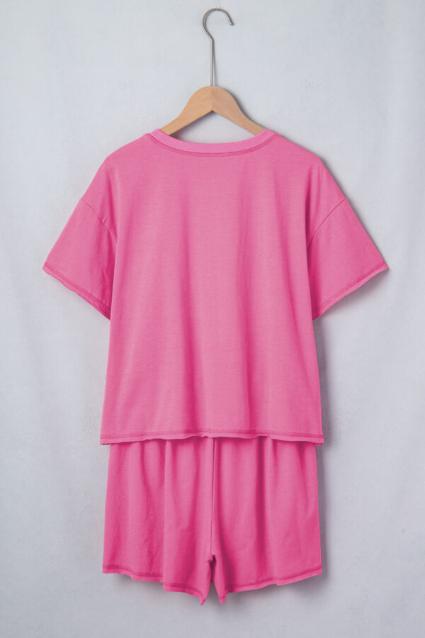 Bright Pink Seam Detail Raw Edge Tee Rainbow Waistband Casual Short Set
