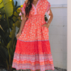 Red Floral Print Tasseled Tied Sleeve Empire Waist Maxi Dress