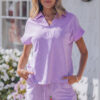 Pink Stripe Dolman Sleeve Polo Shirt and Drawstring Shorts Set