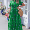 White Floral Print Split Neck Shirred High Waist Ruffle Hem Maxi Dress