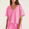 Mint Green V Neck Drop Shoulder Tee and Patchwork Drawstring Elastic Waistband Shorts Set