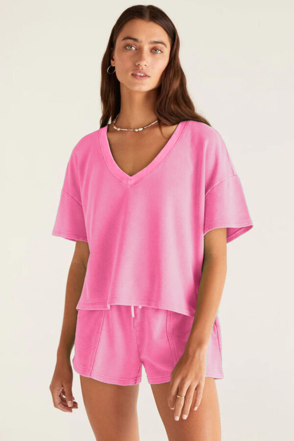 Mint Green V Neck Drop Shoulder Tee and Patchwork Drawstring Elastic Waistband Shorts Set