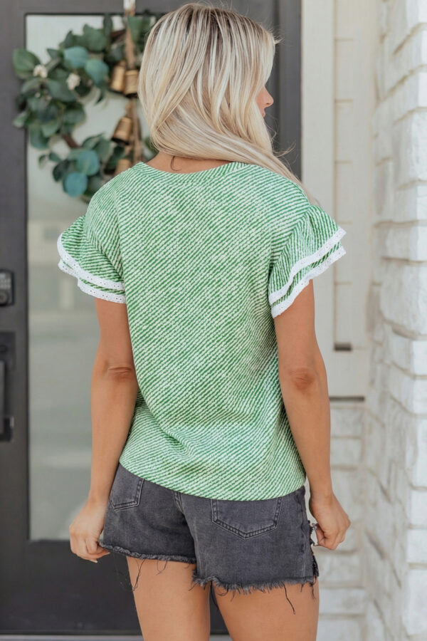 Clearly Aqua Twilled Print Lace Trim Ruffled Short Sleeve Blouse