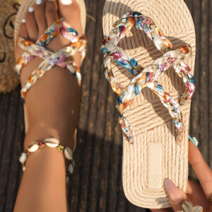 Beige Boho Printed Woven Caged Flip Flops Summer Slippers