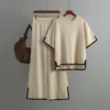 O-neck Short Sleeve Loose Sweater Casual Tops High Waist Pant 2 Piece Set