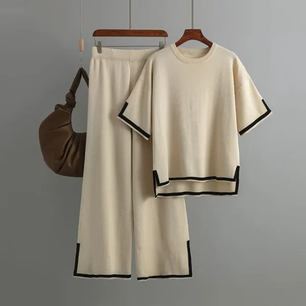 O-neck Short Sleeve Loose Sweater Casual Tops High Waist Pant 2 Piece Set