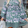 Green Floral Print Piping Trim Bubble Sleeve Square Neck Dress