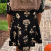 Green Frilled V Neck Puff Short Sleeve Floral Mini Dress