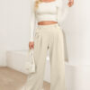 Beige Solid Color Textured Elastic Waist Wide Leg Pants