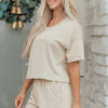 Sky Blue Solid Color Contrast Textured Patchwork Raw Edge 2pcs Short Set