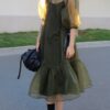French Vinatge Midi Dress Women Retro Pure Color Short Sleeve Party Design