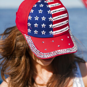 Fiery Red American Flag Rhinestone Decor Baseball Cap