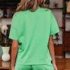 Mint Green V Neck Drop Shoulder Tee and Patchwork Drawstring Elastic Waistband Shorts Set
