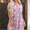 Pink Floral Collared Half Placket Short Sleeve Loose Dress