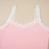 Pink Ribbed Knit Lace Straps Patchwork Lettuce Hem Cropped Top Floral Short Lounge Set