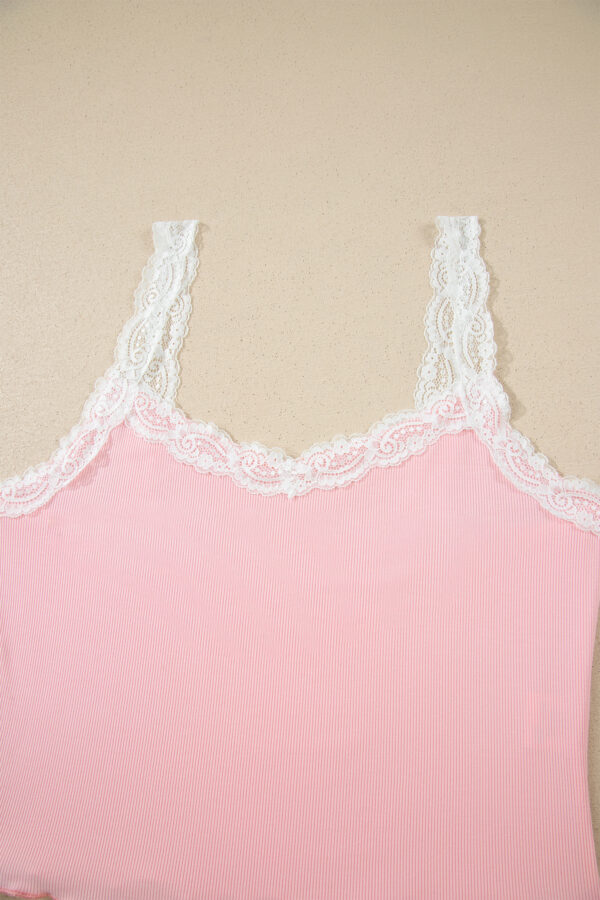 Pink Ribbed Knit Lace Straps Patchwork Lettuce Hem Cropped Top Floral Short Lounge Set