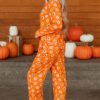 Orange Halloween Print Lapel Shirt Long 2pcs Pajama Set