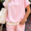Pink Polka Dot Print Mock Neck Short Sleeve Top Shift Pant Set