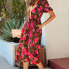 Green Floral Print Striped Trim Split Neck Short Puff Sleeve Ruffle Hem Maxi Dress