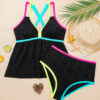Black Floral Textured Neon Trim V Neck Crisscross Backless Tankini Set