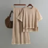O-neck Short Sleeve Loose Sweater Casual Tops High Waist Pant 2 Piece Set
