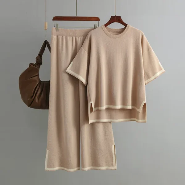 O-neck Short Sleeve Loose Sweater Casual Tops High Waist Pant 2 Piece Set