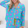 Green Flower Print Long Sleeve Shirt Shorts Pajamas Set