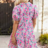 Pink Floral Collared Half Placket Short Sleeve Loose Dress